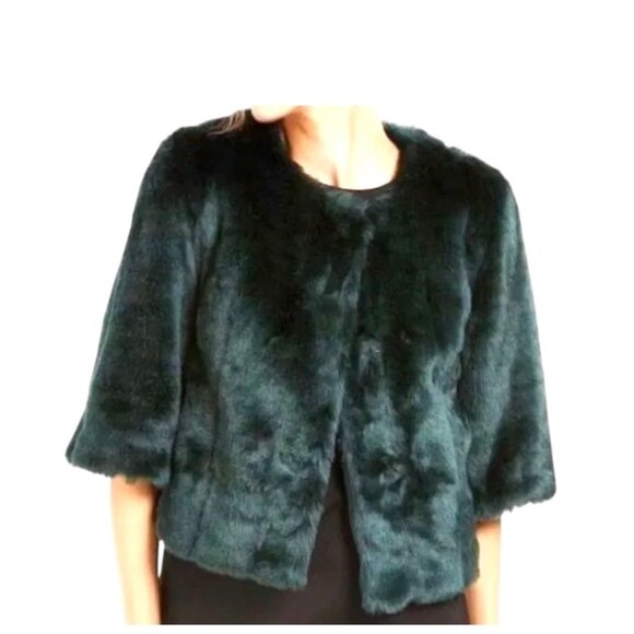 Calvin Klein Faux Fur Cropped Jacket Green Size 1X Glam Maximalist Mobwife Cute - Picture 1 of 16